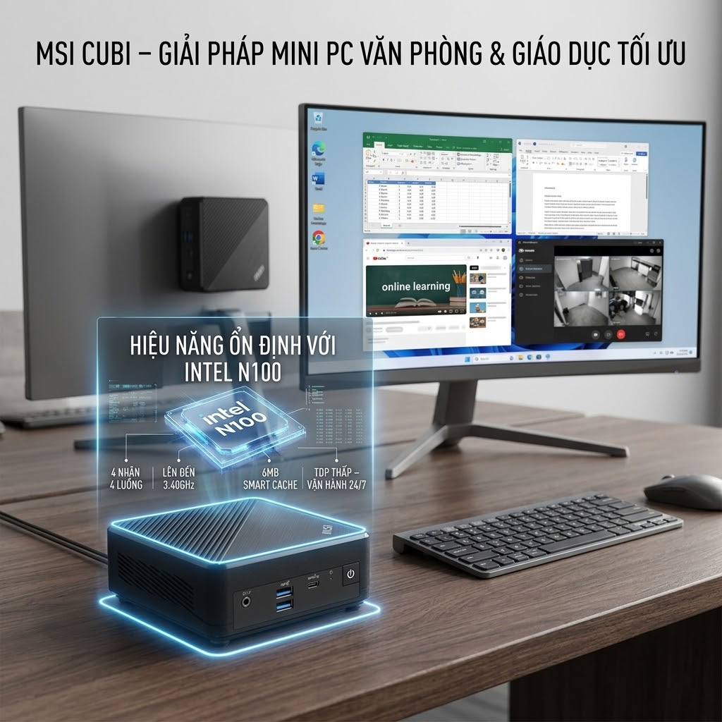 Mini PC MSI Cubi N ADL chip Intel N100 đặt trên bàn làm việc văn phòng hiện đại.