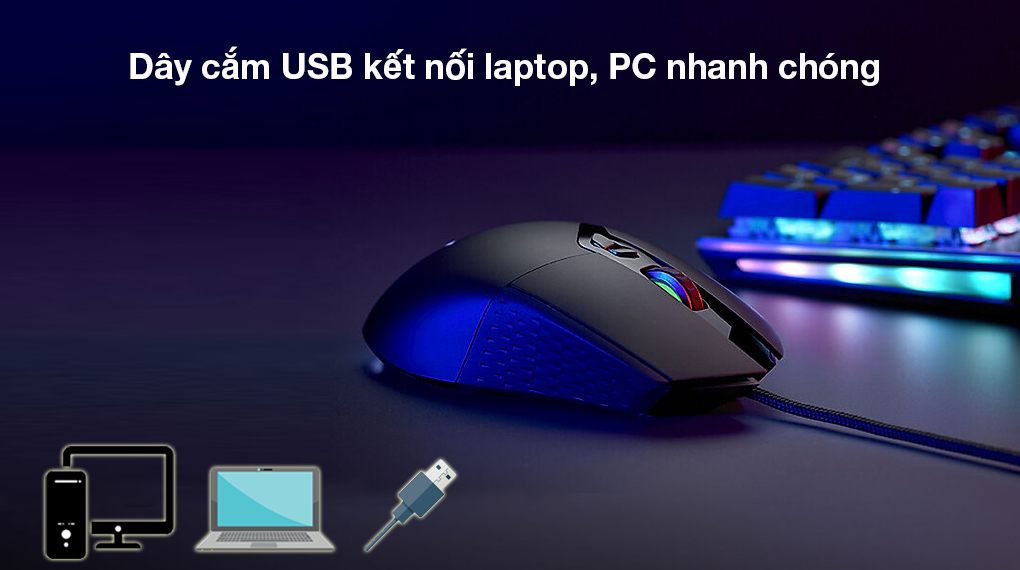 Chuột có dây Gaming Rapoo VT30 đen - Phối ghép nhanh với các thiết bị qua dây cắm USB chiều dài 185 cm