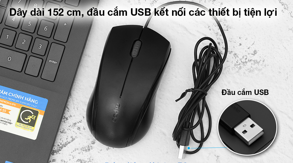 Chuột Có Dây Silent Rapoo N1200 Đen - Chuột có dây với chiều dài dây 152 cm, đầu cắm USB phổ biến kết nối tốt với laptop, PC 