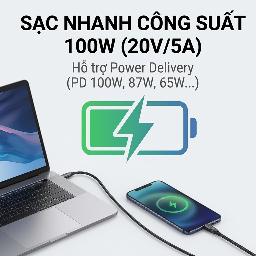 Cáp type C Thunderbolt 4 Ugreen 30389 hỗ trợ sạc tối đa lên đến 100W