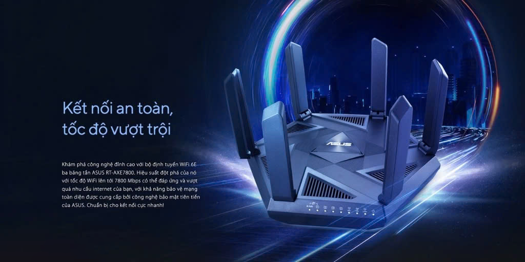 Hợp Thành Thịnh - Bộ phát wifi 6 Asus RT-AXE7800 Tri-band (Chuẩn AX/ AXE7800Mbps/ 6 Ăng-ten ngoài/ Wifi Mesh/ Dưới 80 User)