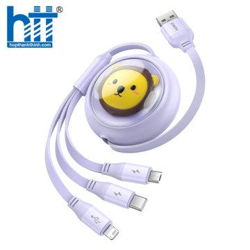 Cáp Sạc 3 Đầu Baseus Leo Retractable Charging Cable 3-in-1 USB to M+L+C 3.5A (1.1m) Purple