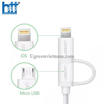 Ugreen 20876 1M màu Trắng Cáp sạc đa năng USB sang MicroUSB + Lightning US178 20020876