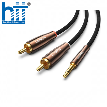 Ugreen 80848 3m 3,5mm Nam đến 2 * RCA Vỏ đồng Cáp Aux bện màu đen với đầu màu nâu AV170 10080848
