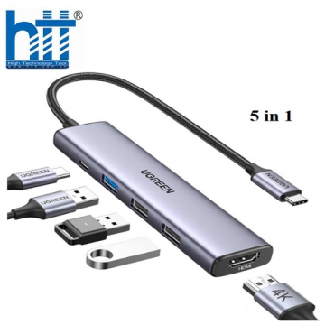 Hub USB Type-C 5 trong 1 ra HDMI 4K@30Hz, USB 2.0, USB 3.0, Sạc PD 100W Ugreen 15495