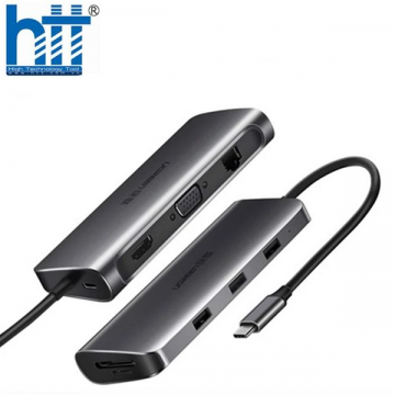 Bộ chuyển USB type C to 3xUSB3.0 4K-HDMI VGA RJ45 SD-TF PD hỗ trợ PD 3.0 CM179 Ugreen 70490 100W 9 trong 1 màu xám