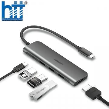 Bộ Chuyển USB C 6 in 1 UGREEN 80132 USB C to 3 USB 3.0+HDMI 4K + Audio 3.5mm hỗ trợ Mic + PD 100W