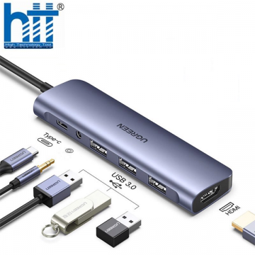 Bộ Chuyển USB C 6 in 1 UGREEN 80132 USB C to 3 USB 3.0+HDMI 4K + Audio 3.5mm hỗ trợ Mic + PD 100W