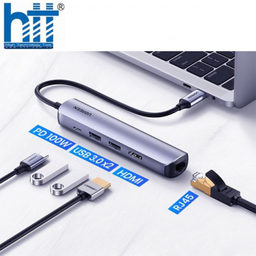 Bộ chuyển USB-C Ugreen 10919 HDMI 4K@60Hz + 2xUSB 3.0 + Lan 1Gbps + PD100W Cao cấp