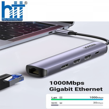 Bộ chuyển USB-C Ugreen 10919 HDMI 4K@60Hz + 2xUSB 3.0 + Lan 1Gbps + PD100W Cao cấp