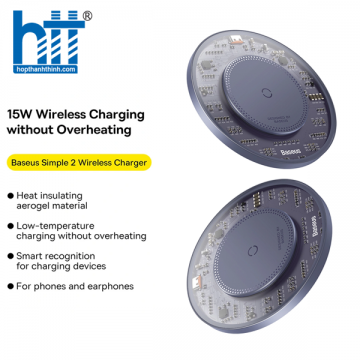 Đế Sạc Không Dây Baseus Simple 2 Wireless Charger 15W (Kèm cáp C to C 24W 1m) CCJJ050005