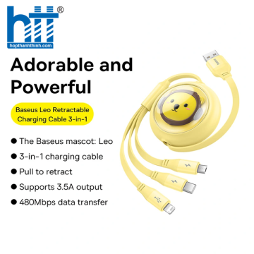 Cáp Sạc 3 Đầu Baseus Leo Retractable Charging Cable 3-in-1 USB to M+L+C 3.5A (1.1m) Yellow