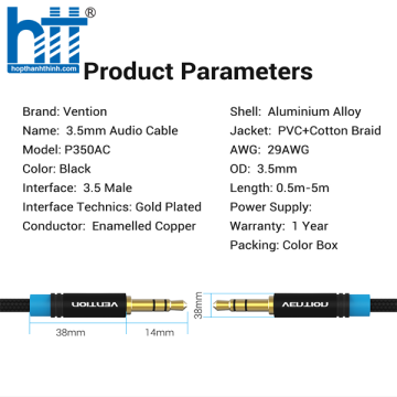 Cáp Audio 3.5mm M/M dài 2M Vention Model : P350AC200-B