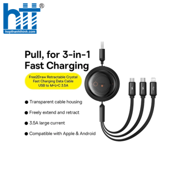 Cáp sạc Đa Năng Baseus Free2Draw Retractable Crystal Cable USB to M+L+C 3.5A White