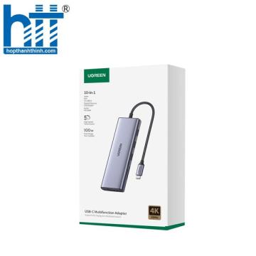 Hub USB Type-C 10 in 1 Ugreen 15601 CM498 1x HDMI 4k30Hz, VGA FullHD, 3x USB 3.0, Lan 1Gbps, 3.5mm, SD/TF, Sạc PD 100W