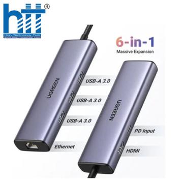 Ugreen USB Type-C 6 in 1 out HDMI 4K@30Hz, USB 3.0, Lan 1Gbps, Charge PD 100W 15598